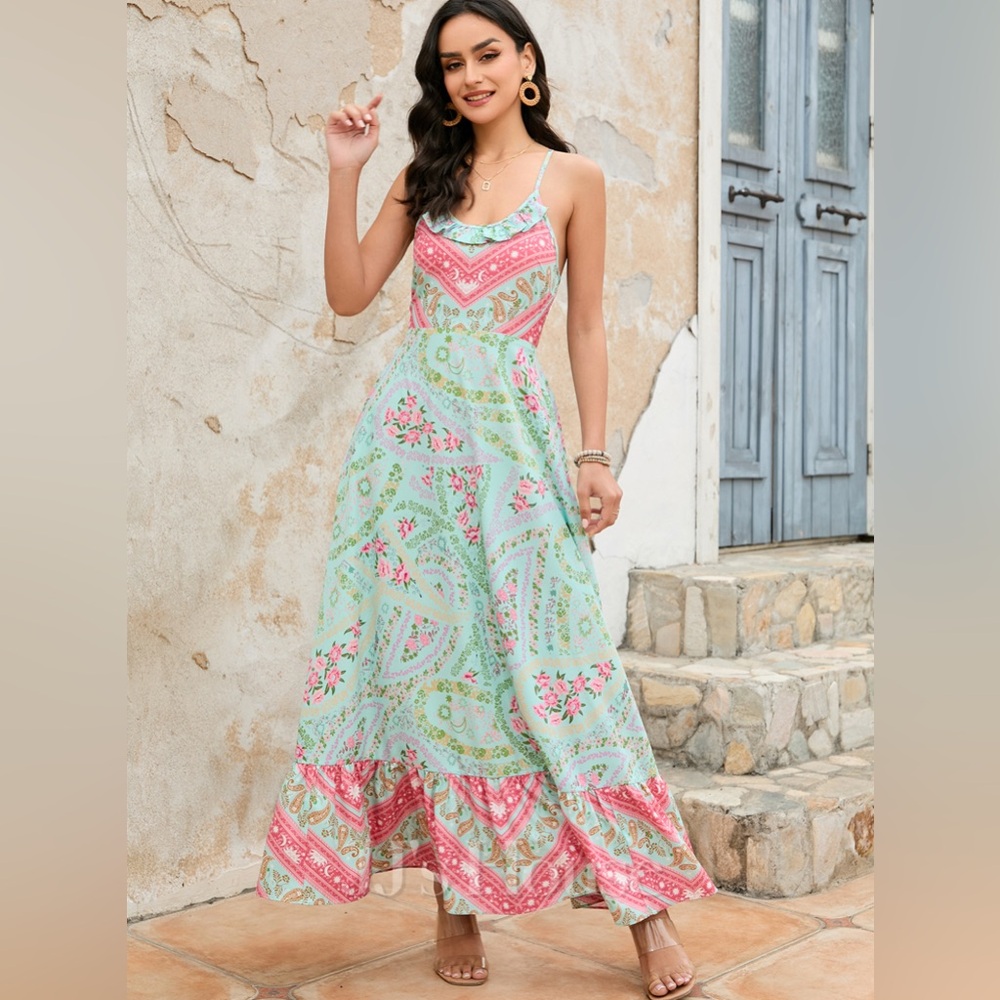 JJ’s House Floral Maxi Dress in Green and Pink Size Large NWT💗 - Picture 5 of 10